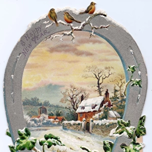 Robins on a horseshoe on a New Year card