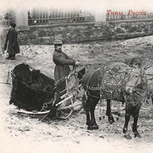 Russia, Troika Driver with his three horse team and sleigh