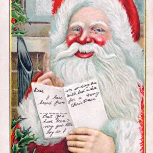 Santa Claus with letter on a Christmas postcard