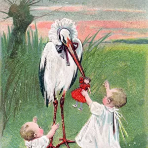 Stork with two babies on a greetings postcard