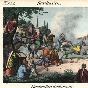 Tatar men horseracing through a town in the