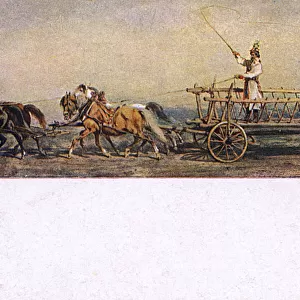 Team of four horses pulling a large empty wagon