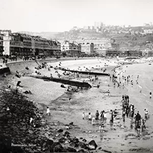Vintage 19th century photograph - bathers and tourists on the beach at Dover, England