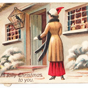 Woman approaching house on a Christmas card