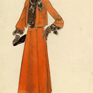 Woman wearing orange skirt and jacket 1930s