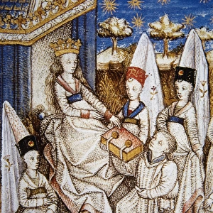 Young man offering the manuscript to the Countess of Hautevi