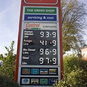 Petrol Station Sign - showing prices and global diesel containing 5% biodiesel for sale at Green Shop, Bisley, Gloucestershire, UK