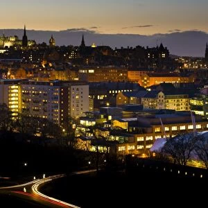 Scotland, Edinburgh, Holyrood. Looking towards the Old Town and the city center from a high viewpoint near Arthurs Seat in the