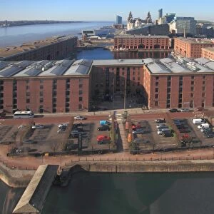 Albert Dock and Mersey skyline from big wheel, Liverpool, Merseyside, England, United Kingdom, Europe
