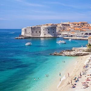 Banje beach, Old Port and Dubrovnik Old Town, Dubrovnik, Dalmatian Coast, Croatia, Europe