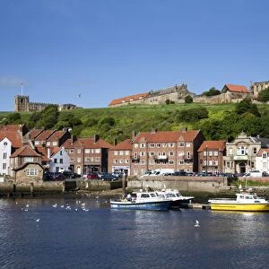 Boats in the Upper Harbour below St. Marys Church, Whitby, North Yorkshire, Yorkshire, England, United Kingdom, Europe