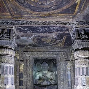 Buddha statue and painting in the Ajanta Caves, UNESCO World Heritage Site, Maharashtra