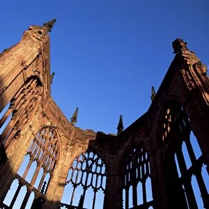 Cathedral ruins in evening light, Coventry, West Midlands, England, United Kingdom
