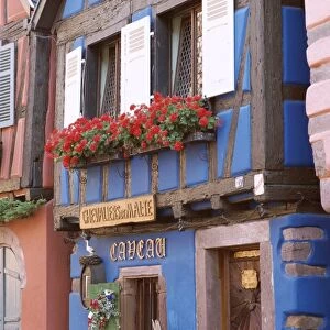 Exterior of blue house with windowboxes of geraniums, Niedermorschwihr
