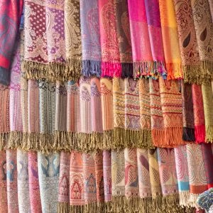 Fabric for sale, Jemaa el-Fna. Marrakech, Morocco, North Africa, Africa