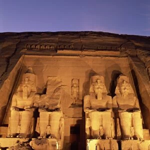 Floodlit temple facade and colossi of Ramses II (Ramesses the Great), Abu Simbel