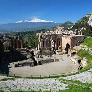 The Greek Amphitheatre and Mount Etna, Taormina, Sicily, Italy, Europe