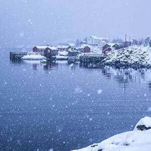 Heavy snowfall on the fishing village and the icy sea, Nusfjord, Lofoten Islands