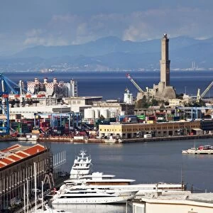 The Lanterna, the oldest working lighthouse in the world, from Castelletto Viewpoint, Genoa, Liguria, Italy, Europe