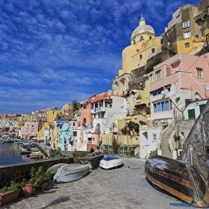 Marina Corricella, pretty fishing village, colourful fishermens houses, boats and church