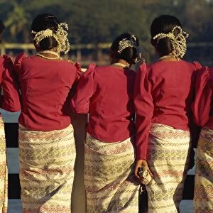 Mon girls in traditional dress, Yangon (Rangoon), Myanmar (Burma), Asia