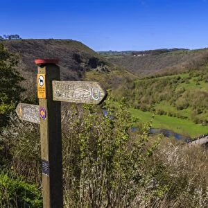 Monsal Head viaduct and footpath sign in spring, Peak District National Park, Derbyshire, England, United Kingdom, Europe