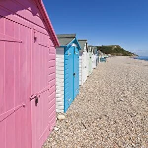 Multicoloured beach huts at Seaton, a small seaside town on the Devon Heritage Coast, Jurassic Coast, UNESCO World Heritage Site, Devon, England, United Kingdom, Europe