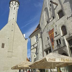 Old Town Hall spire and cafe, Tallinn, Estonia, Baltic States, Europe