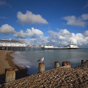 Pebble beach and pier, Eastbourne, East Sussex, England