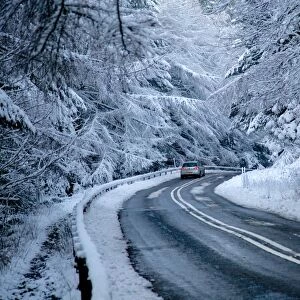 Road in snow, Peak District National Park, Derbyshire, England, United Kingdom, Europe