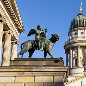Sculpture of Tieck with the Theatre and Franzosisch (French) Church in the background, Gendarmenmarkt, Berlin, Germany, Europe