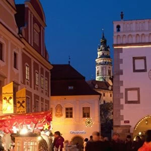 Stalls at Christmas Market with Renaissance Tower, Svornosti Square, Cesky Krumlov