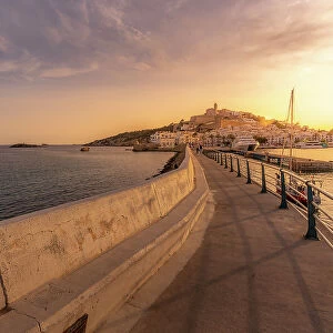 View of Cathedral and Dalt Vila from harbour at sunset, UNESCO World Heritage Site, Ibiza Town, Eivissa, Balearic Islands, Spain, Mediterranean, Europe