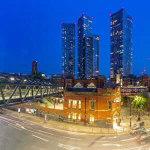 View of Deansgate Station and city skyline at dusk, Manchester, Lancashire, England