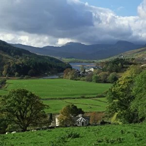 View from valley to Snowdonia mountains, Snowdonia, Gwynedd, Wales, United Kingdom
