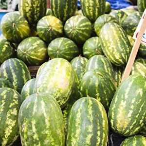 Watermelons for sale at Capo Market, a fruit, vegetable and general food market in Palermo, Sicily, Italy, Europe