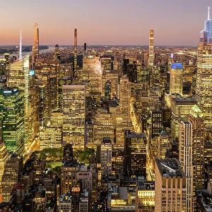 Aerial view of Midtown Manhattan at twilight, New York, USA