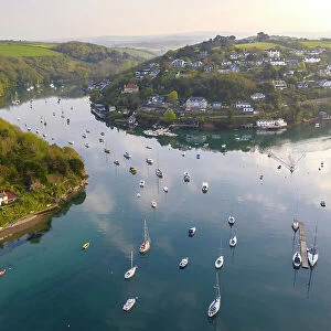 Aerial view of Newton Ferrers and the River Yealm estuary, South Hams, Devon, England. Spring (April) 2022
