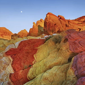 Erosion landscape and moon in Valley of Fire - USA, Nevada, Clark, Valley Of Fire