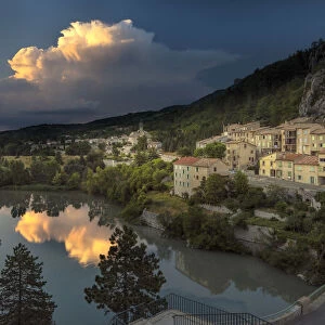 Europe, France, Provence, Sisteron, village with thunderstorm in the distance
