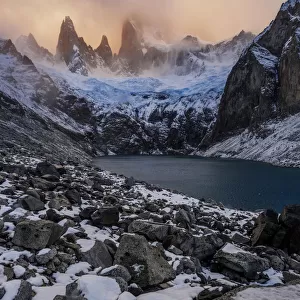 Laguna Sucia after a snowfall with Mt. Fitz Roy covered in clouds