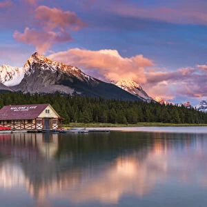 Maligne Lake and historic boathouse in Jasper National Park, Alberta, Canada