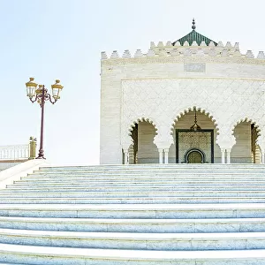 Marble steps and facade of Mausoleum of Mohammed V, Rabat, Morocco