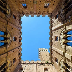 Palazzo Pubblico and Torre del Mangia, UNESCO World Heritage Site, low angle, Siena