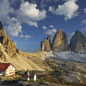 Paternkofel and Tre Cime di Lavaredo with Locatelli-Innerkofler refuge, Dolomites
