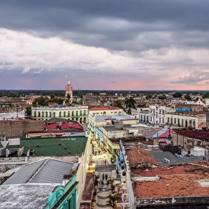 Pedestrian Calle Maceo and Old Town at sunset, elevated view, Camaguey, Camaguey Province