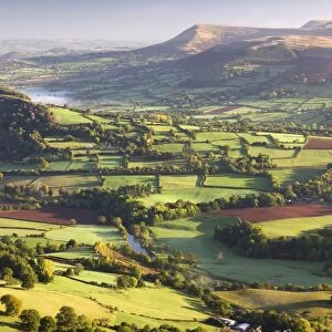 The River Usk and rolling countryside in the Brecon Beacons National Park, Powys, Wales, UK