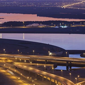 UAE, Dubai, Downtown Dubai, elevated desert and highway view towards Ras Al Khor, dawn