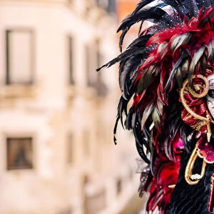 Venice, Veneto, Italy; A masked character in the city during Carnival