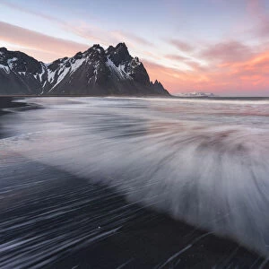Vestrahorn and waves at sunset, Stokksnes peninsula, Hofn, Austurland, Iceland